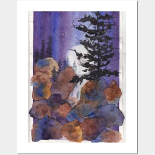 Mountain Moon & Tree Watercolor & Acrylic collage Posters and Art